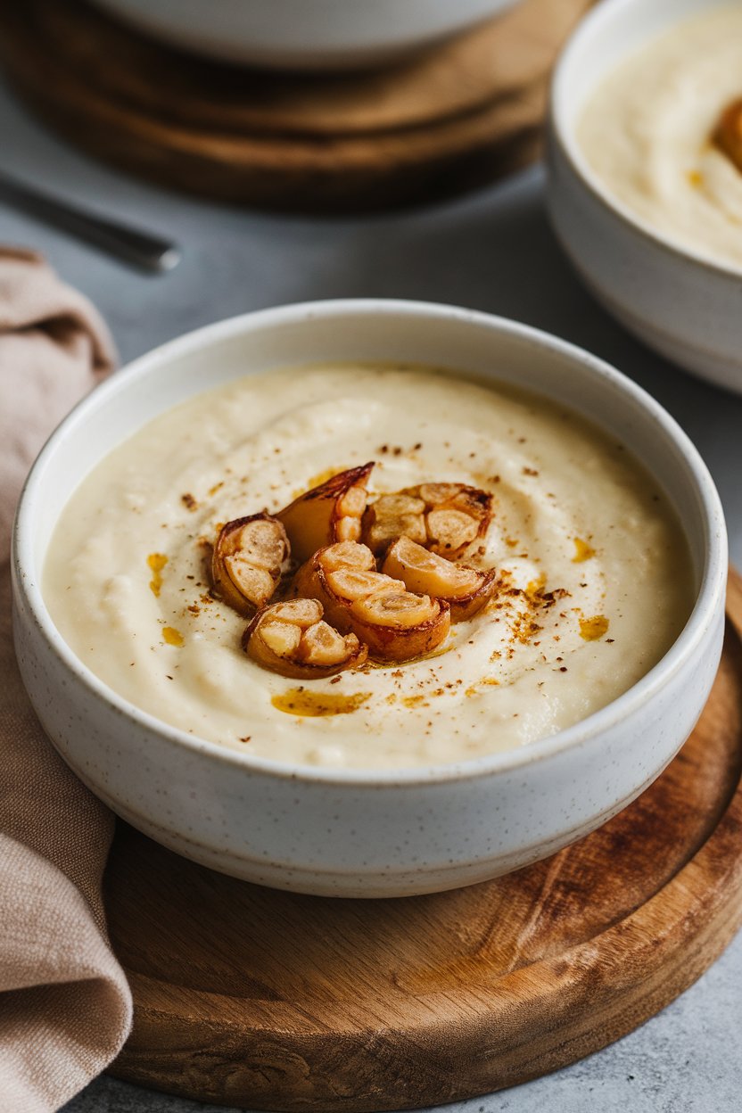 Indoor photo of creamy white cauliflower soup with roasted garlic cloves on top, side view; no text or logos