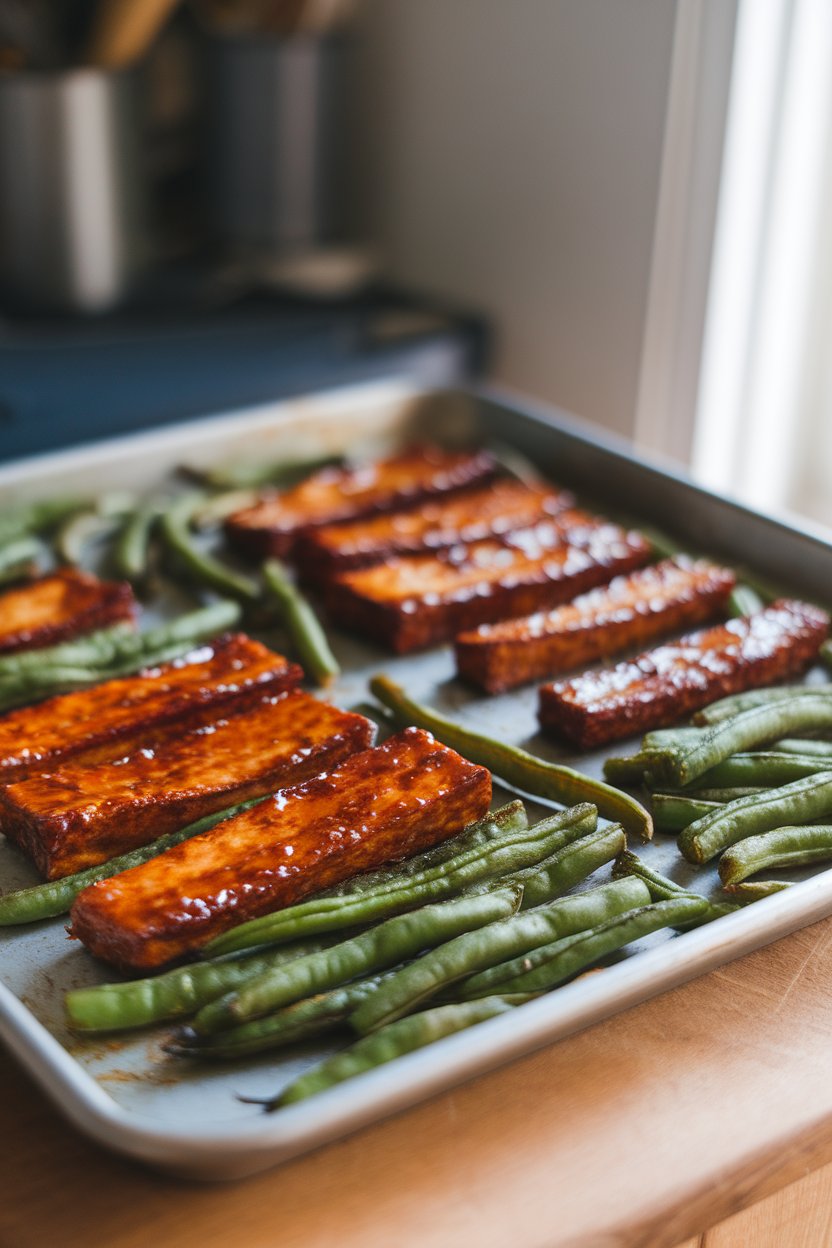 Indoor photo of a sheet pan featuring glazed tempeh strips and roasted green beans, slight char visible. No text or logos.