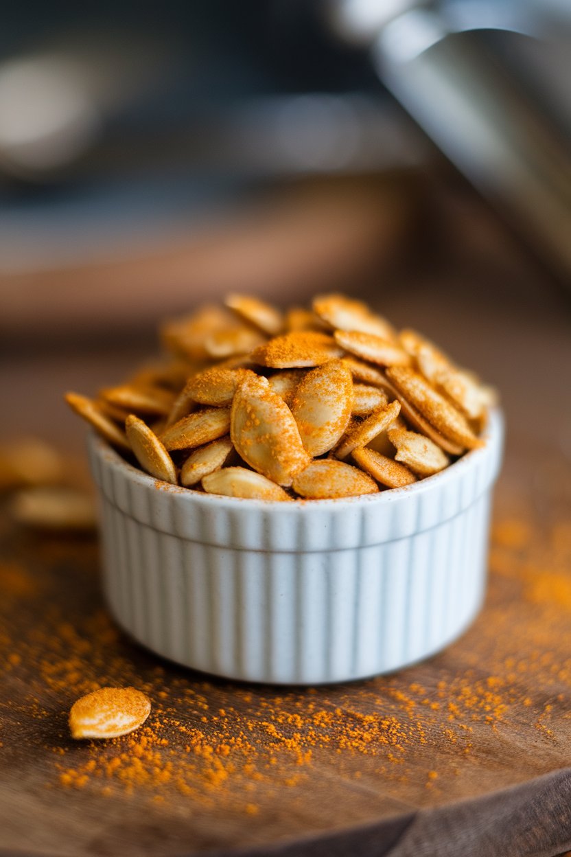 A small indoor ramekin piled high with golden roasted pumpkin seeds dusted in ginger and turmeric spice mix. Photo, no logos.