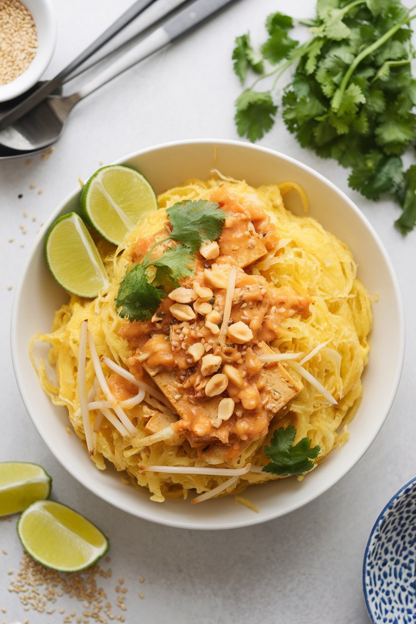 An indoor bowl of spaghetti squash strands tossed in light pad Thai sauce with tofu, peanuts, and bean sprouts; no text or logos.