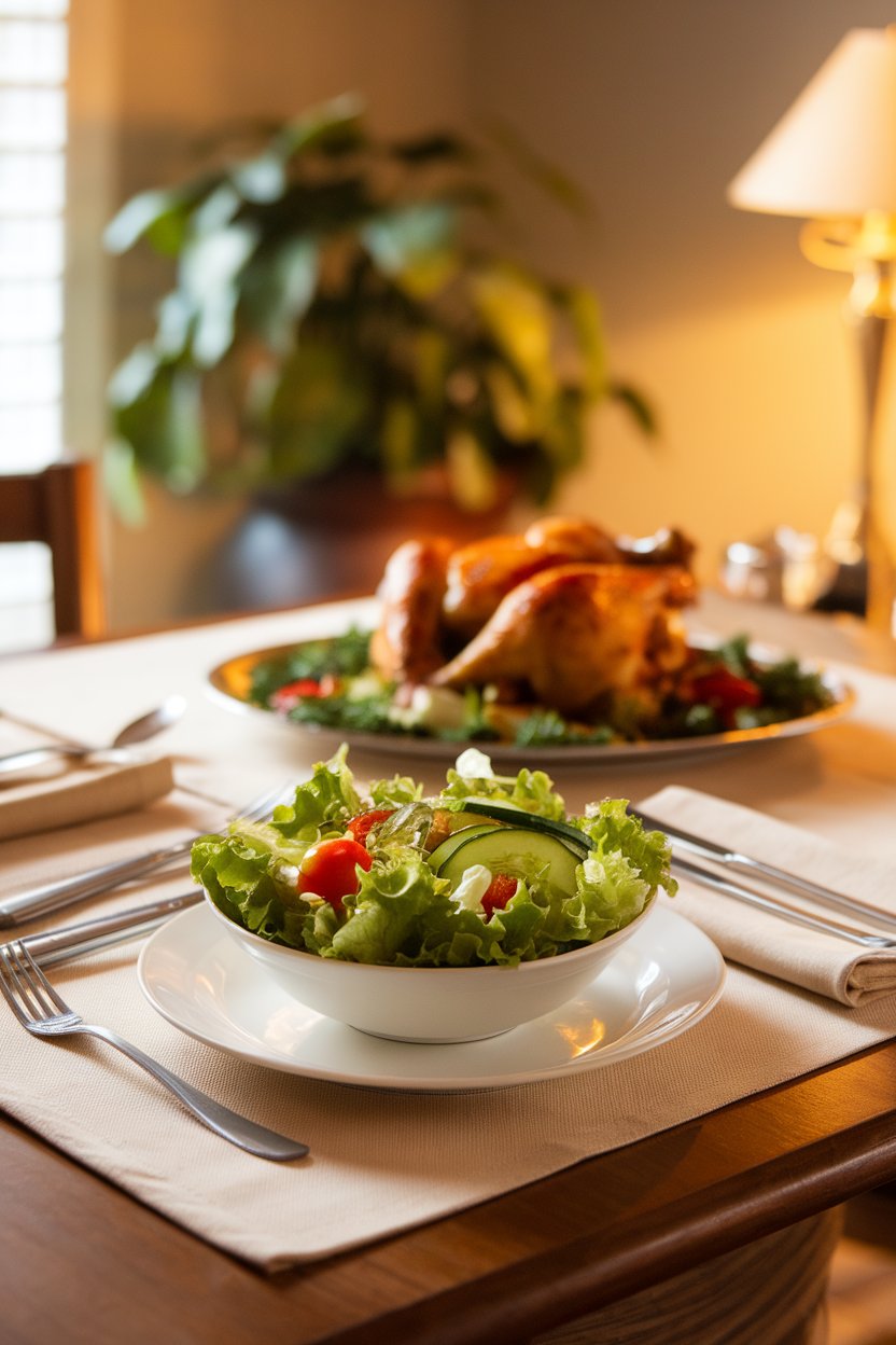 Photo of a small green salad in a white bowl placed on a dining table just before a main dish, warm indoor lighting, no logos.