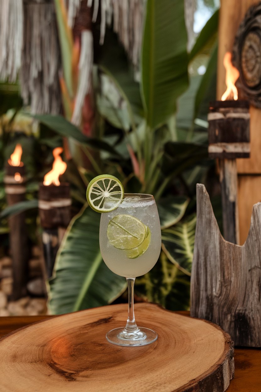 An indoor tiki bar setup featuring a stemless wine glass Sparkling Mai Tai garnished with a dehydrated lime wheel. No text or logos.
