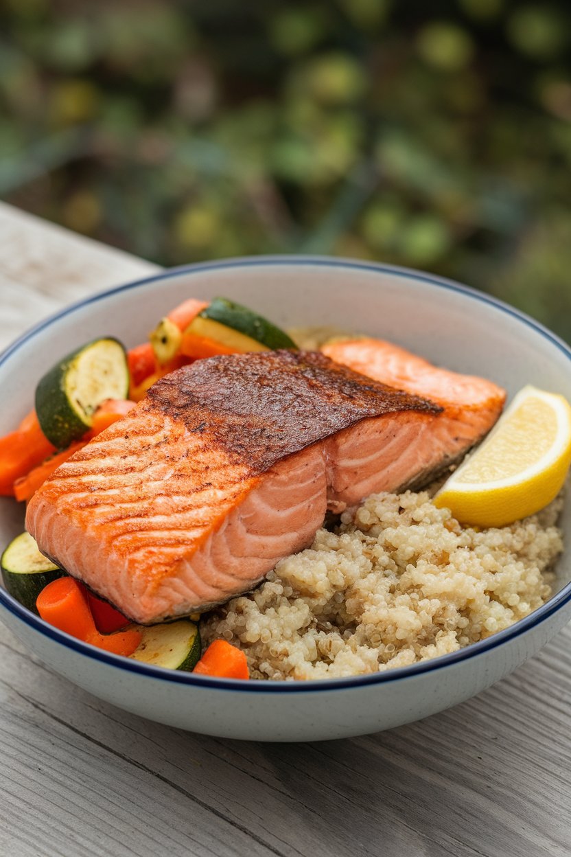 Indoor bowl featuring seared salmon atop fluffy quinoa, roasted veggies, and a lemon wedge. No raw fish; no text or logos; photo.