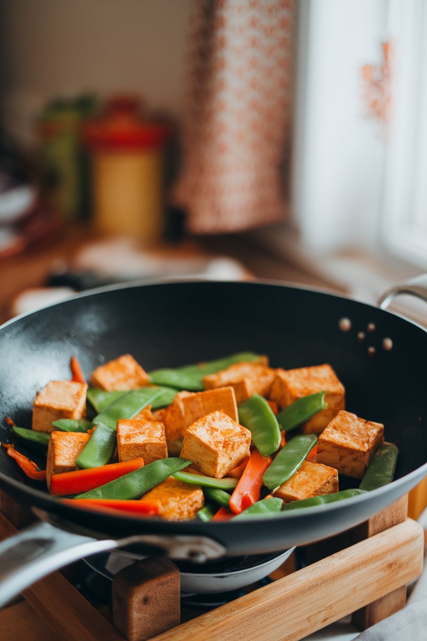 Photo of tofu cubes seared golden with snow peas, carrots, and bell peppers in a wok indoors; no text or logos visible.
