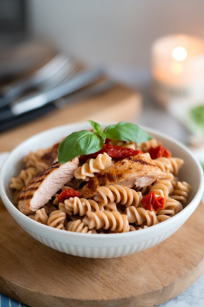 Indoor bowl of whole-grain fusilli with chicken strips and sun-dried tomato pieces, basil sprinkled over. No logos.