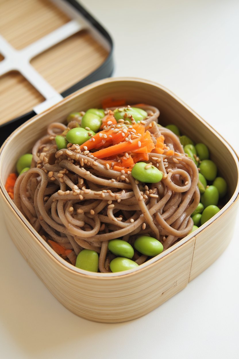 An indoor lunch box featuring buckwheat soba noodles tossed with edamame, shredded carrots, and sesame dressing. No text or logos; photo, not illustration.