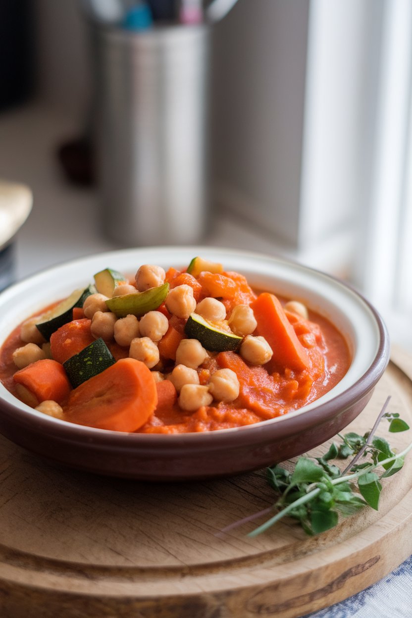 An indoor bowl of hearty vegetable tagine featuring cooked carrots, chickpeas, zucchini, and apricots in a spiced tomato broth; no text or logos.