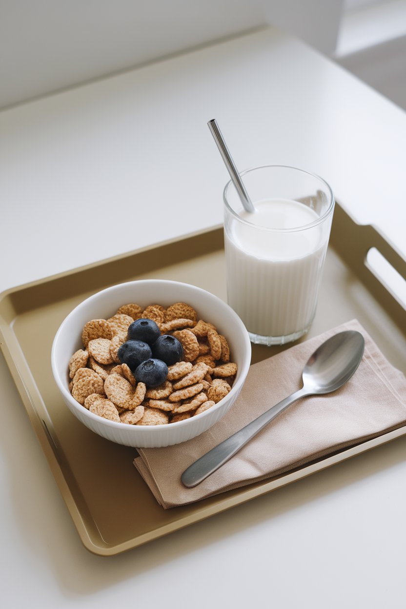 Indoor breakfast tray with a clear glass of low-fat milk alongside whole grain cereal. No brand or text. Photo.