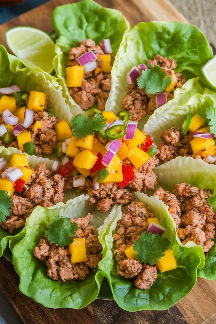 An indoor platter of crisp butter-lettuce leaves filled with ground turkey and bright mango salsa. No text or logos.