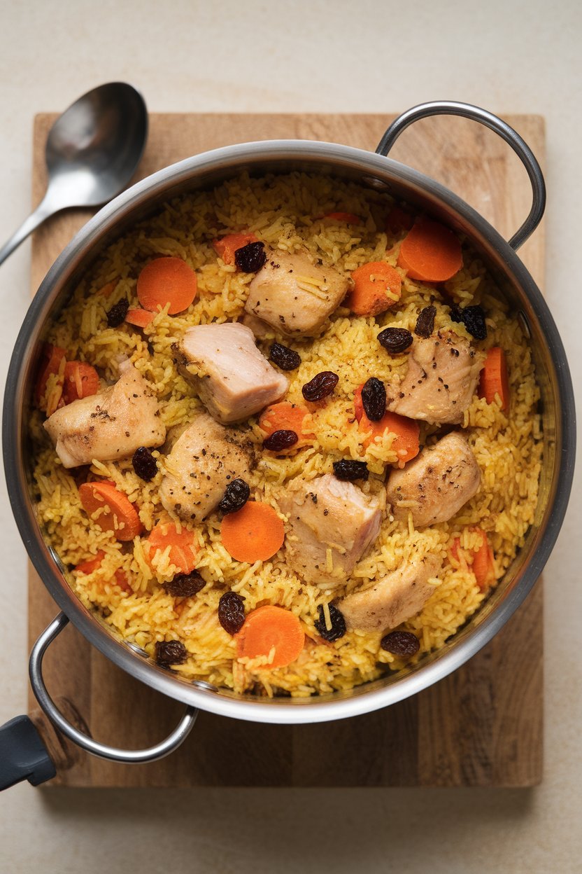 Indoor photo of a pot of spiced rice featuring chicken chunks, carrots, and raisins; overhead kitchen light, no text or logos