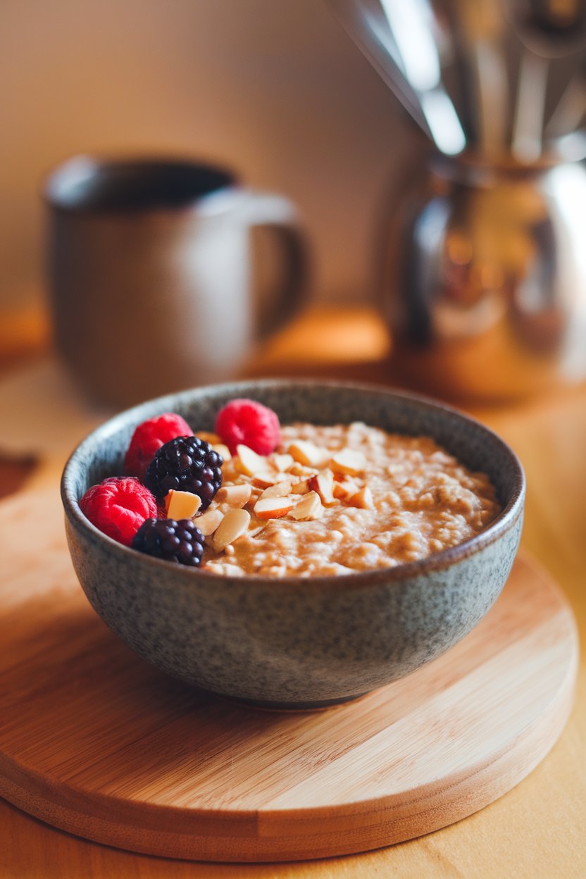 An indoor breakfast scene featuring a bowl of cooked steel-cut oats topped with berries and chopped almonds, side profile view under warm lighting. No text or logos on dishware.