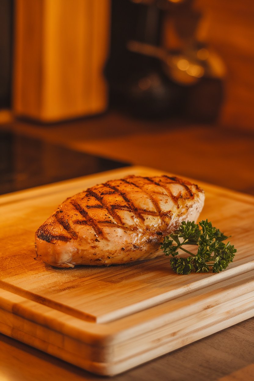 Indoor close-up photo of a grilled chicken breast that roughly matches the size of an open adult palm, resting on a cutting board with a small sprig of parsley. Warm kitchen lighting, no text or logos.
