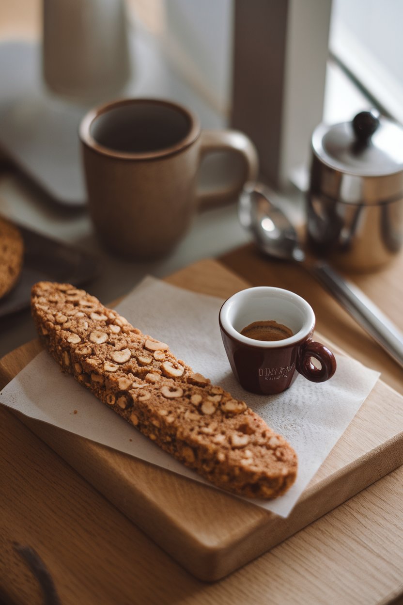 An indoor coffee setup with long, twice-baked biscotti flecked with hazelnuts, a tiny espresso cup nearby. No text or branding visible.