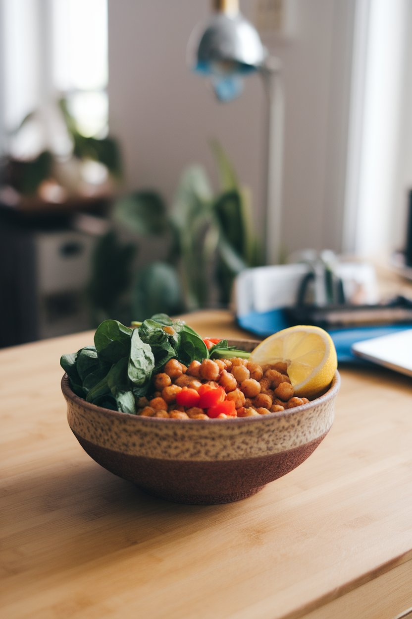 A ceramic bowl on an indoor desk filled with roasted chickpeas, baby spinach, diced red bell pepper, and a lemon wedge on the side. No text or logos visible. Photo only.