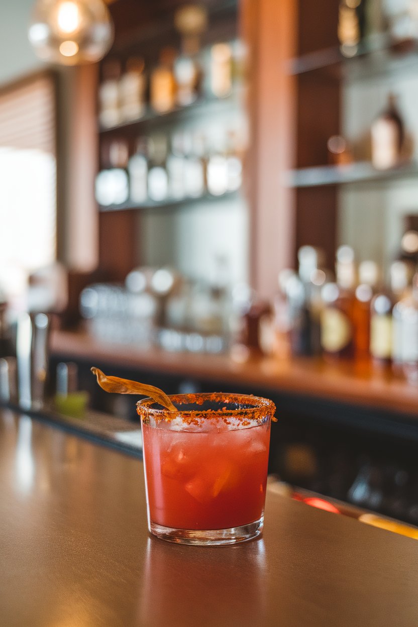 Indoor bar, rocks glass of red margarita with tiny dried chile floating, chile-salt rim; no text or logos.