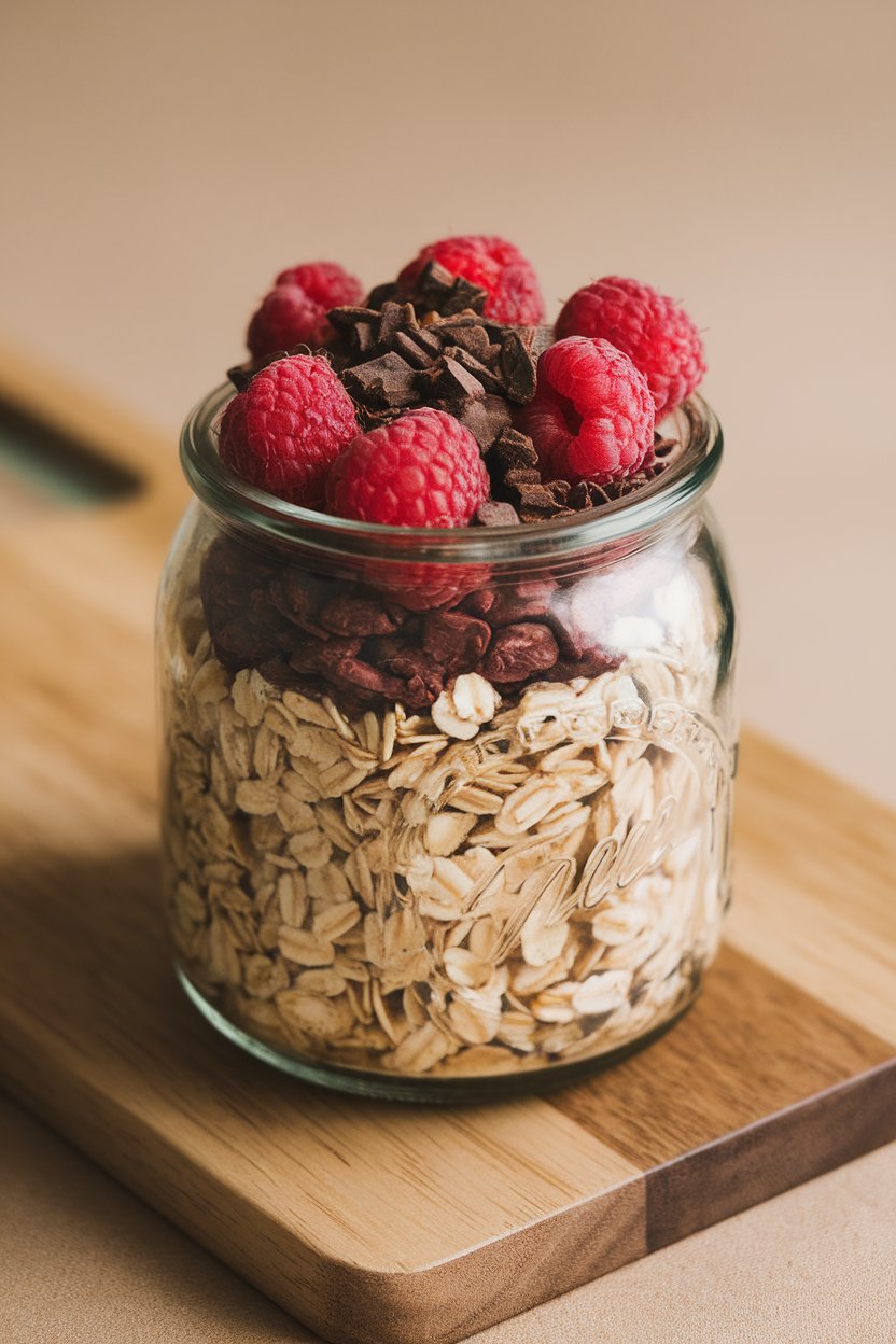 Indoor dessert-style countertop photo of a jar filled with chocolate oats, whole raspberries pressed along the glass, and cacao nibs sprinkled on top. No logos or text. Photo not illustration.
