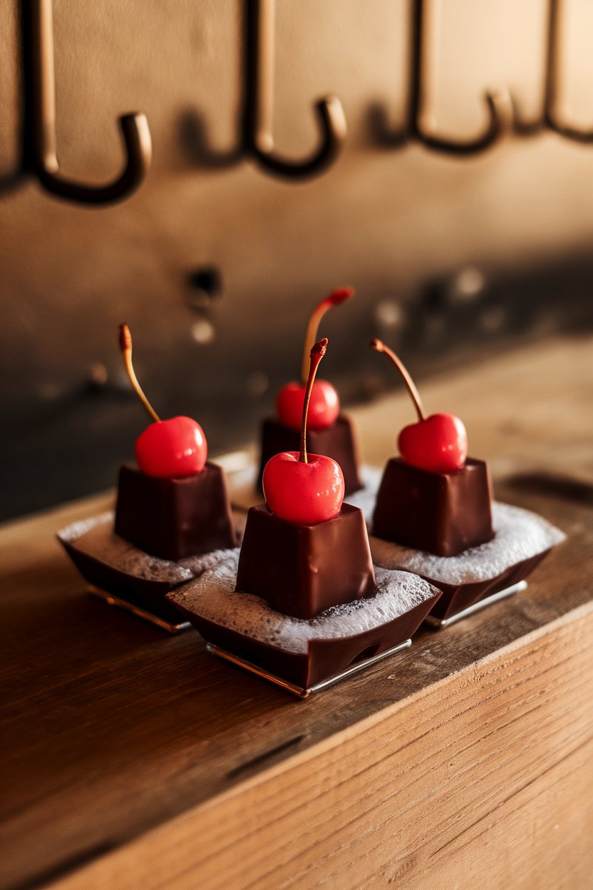 Photo of dark-red chocolate-topped shots, single cherry resting on foam, indoor bar; no branding.