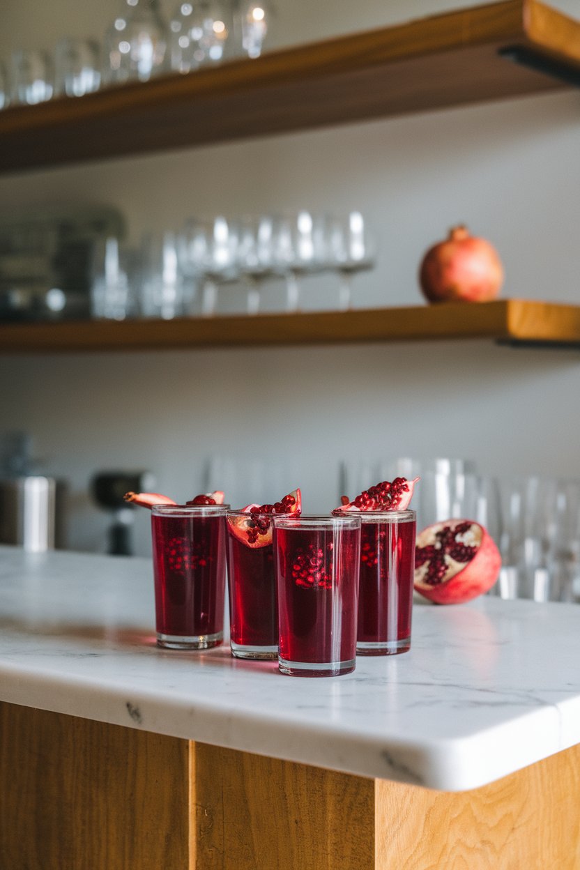 Photo of ruby-red pomegranate juice shots on an indoor marble bar, each with two floating arils; no text or logos.