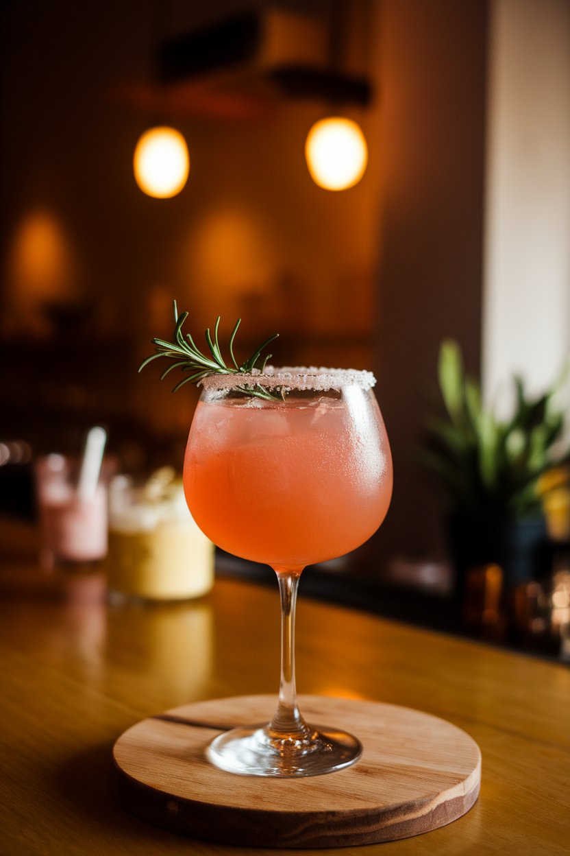 An indoor bar with a stemmed glass Grapefruit Rosé Paloma, salted rim, and rosemary sprig. No text or logos.