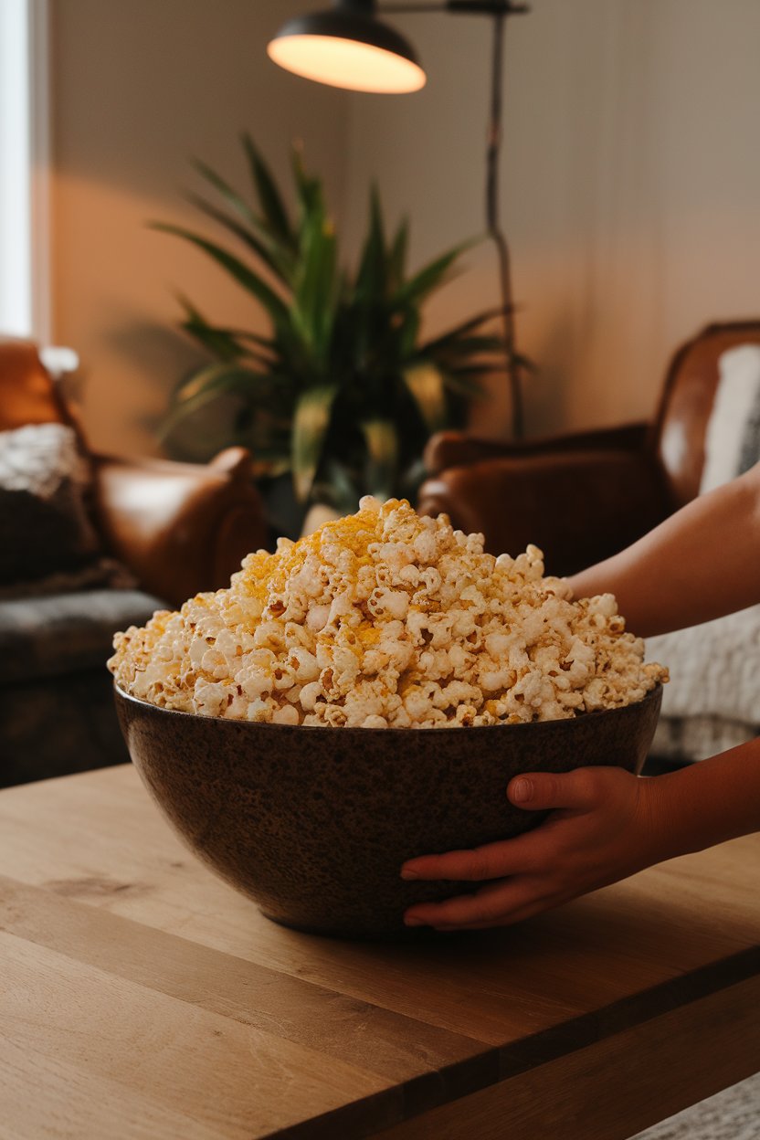 Indoor photo of a bowl overflowing with fluffy popcorn dusted in yellow nutritional yeast; cozy living-room light, no text or logos