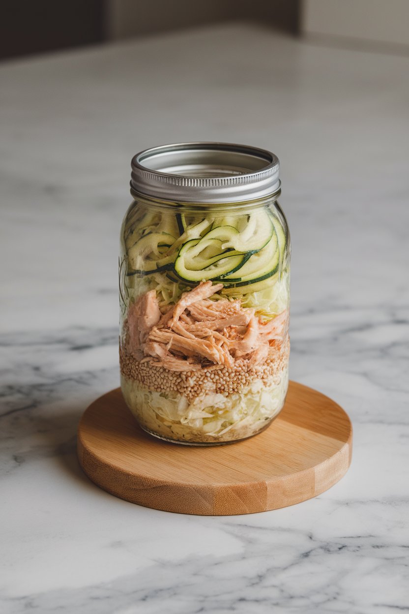 A mason jar on an indoor countertop layered with zucchini noodles, shredded cooked chicken, shredded cabbage, and sesame seeds. No text or logos anywhere. Photo only.