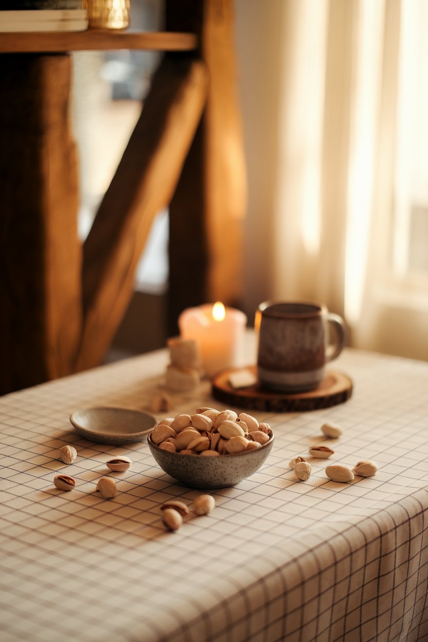 Indoor coffee table with a small bowl of shelled pistachios beside empty shells, afternoon light streaming in. No text or logos. Photo only.