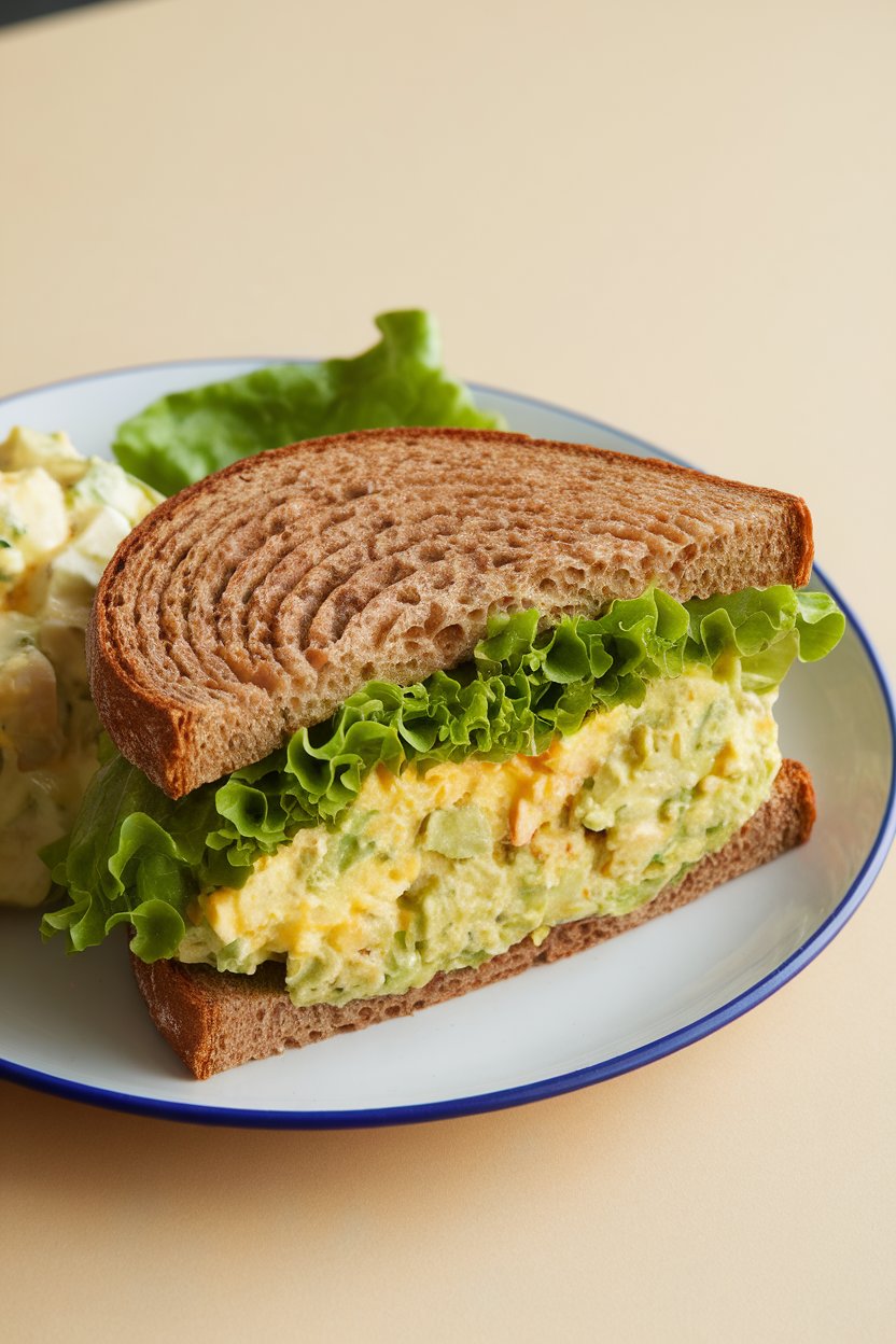 Photo of an indoor lunch plate with a whole-grain sandwich packed with green avocado egg salad, lettuce peeking out; no text or logos