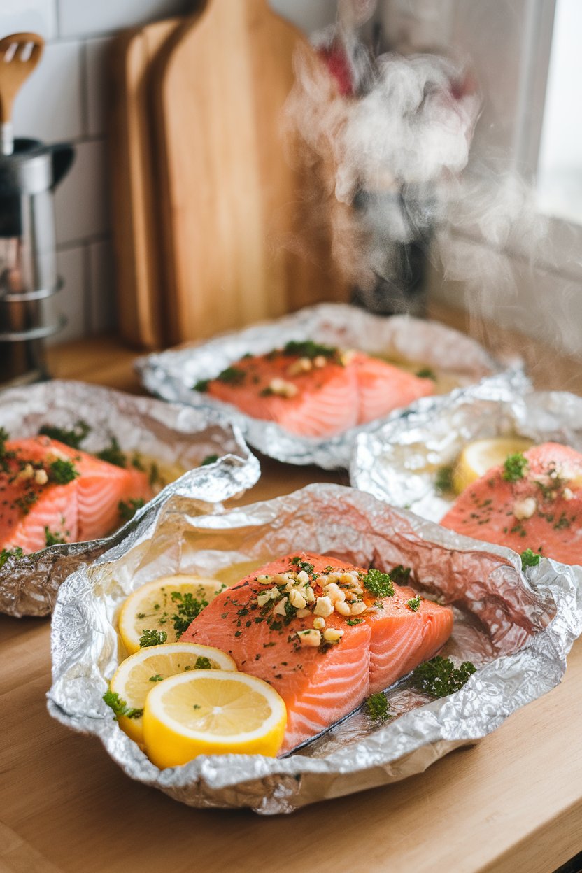 A warmly lit indoor kitchen counter with foil packets just opened to reveal cooked salmon topped with lemon slices, minced garlic, and parsley. Steam wafts upward and there are no logos or text anywhere in the scene. The photo should look natural and inviting, not staged.