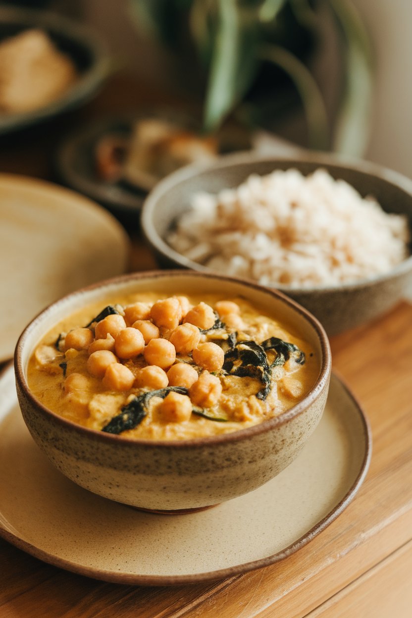 An indoor tabletop with a bowl of golden coconut curry filled with chickpeas and spinach, jasmine rice served alongside. No text or logos; photo, not illustration.