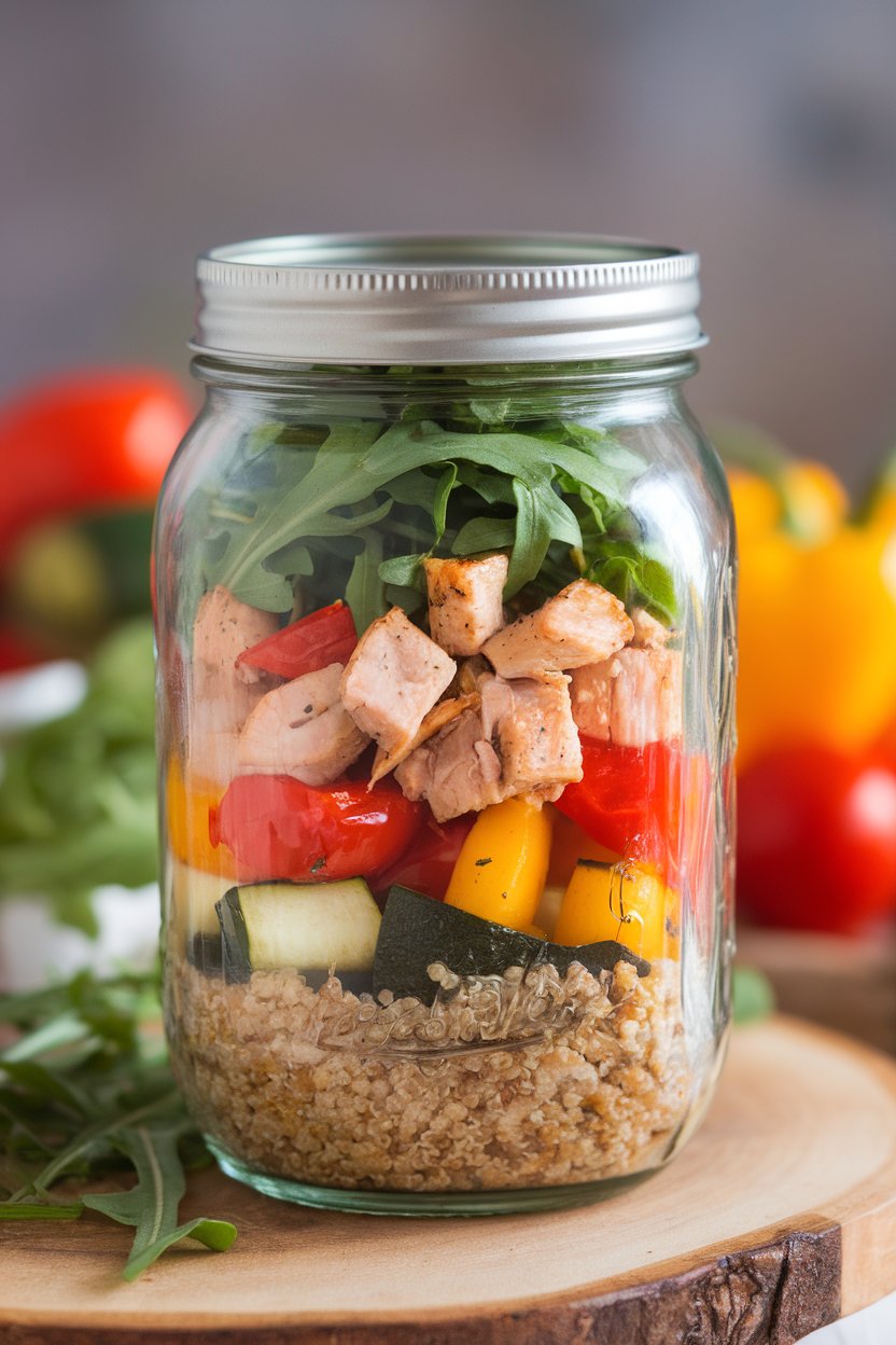 Photo of a mason jar indoors layered with quinoa, diced grilled chicken, roasted veggies, and arugula leaves. No logos or text.