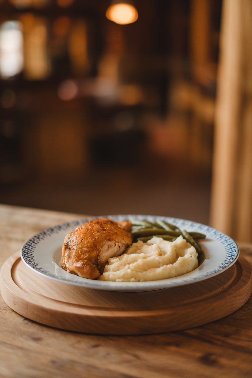 Indoor top-down photo of a dinner plate where food is arranged neatly, leaving a visible one-inch empty rim all around. Warm lighting, no text or logos.