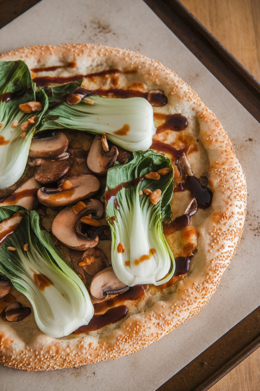 Indoor photo of sesame-seed studded crust pizza topped with bok choy, mushrooms, and soy-ginger glaze on a ceramic sheet, no text or logos