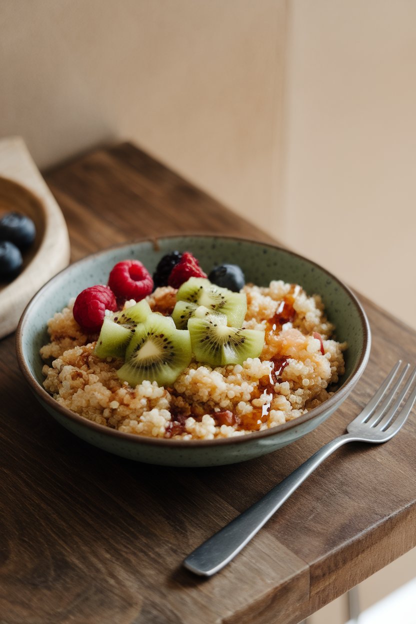 An indoor wooden table set with a shallow bowl of fluffy quinoa topped with diced kiwi, berries, and a drizzle of honey. No text or logos. Photo, not illustration.