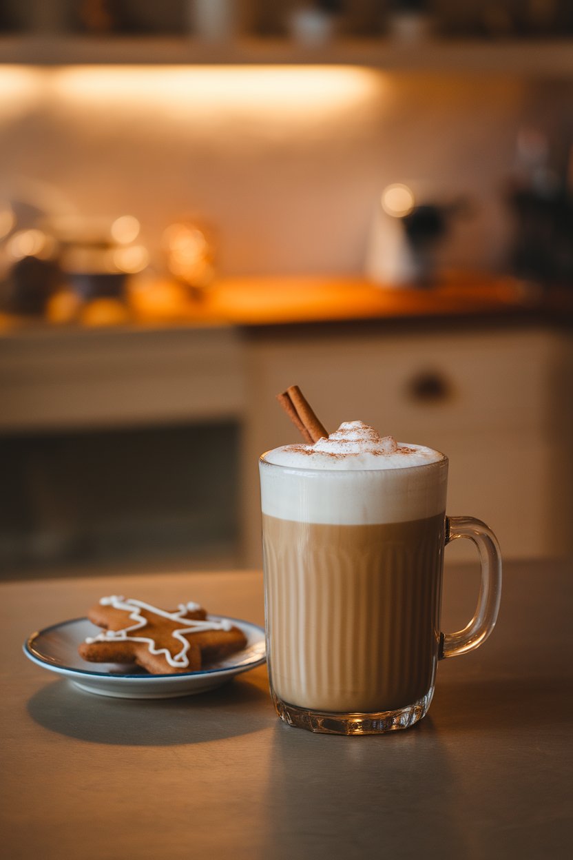 Indoor kitchen table with a tall glass mug of gingerbread latte, cinnamon stick garnish, and a small plate holding a gingerbread cookie beside it. Warm ambient lighting; no text or logos. Photo only.