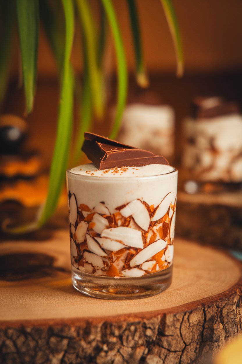 Photo of layered brown and white almond-coconut shots with a mini chocolate shaving on top, indoor bar; no logos.