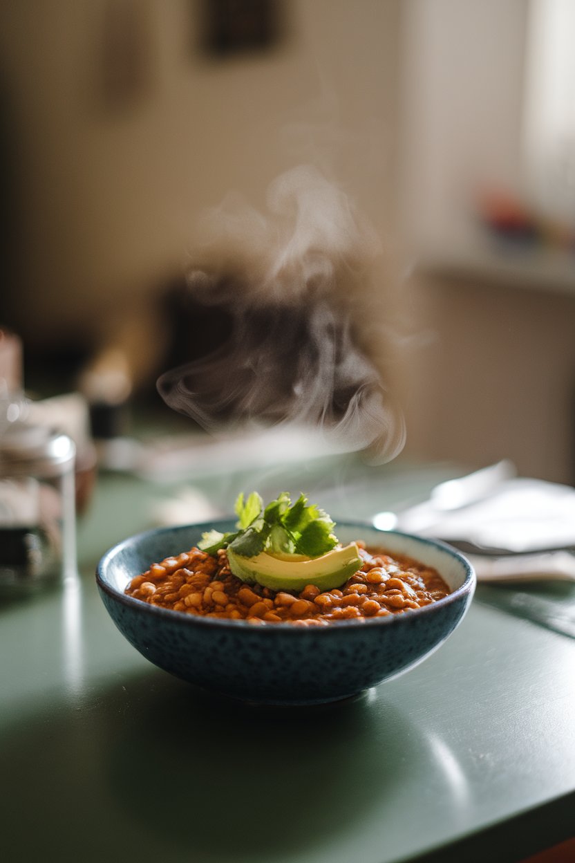 A softly lit indoor dining table showing a bowl of lentil chili topped with avocado and cilantro; steam rising, no text or logos. Photo only.