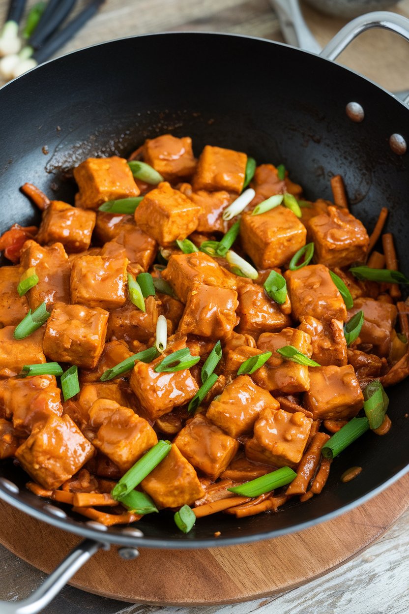 Indoor wok filled with tempeh cubes and mixed vegetables coated in glossy peanut ginger sauce. No text or logos; photo.