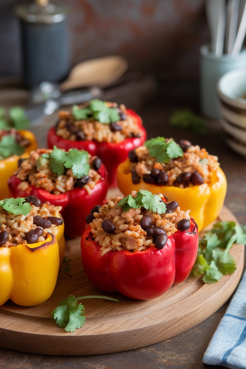 Indoor photo of red and yellow bell peppers filled with cooked turkey, black beans, and brown rice, baked until edges char slightly; no text or logos.