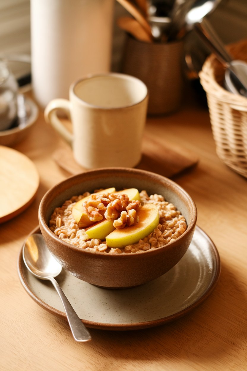 Indoor dining table setting with a ceramic bowl of steel-cut oats topped with warm cinnamon apples and a sprinkle of walnuts. No text or logos, photo not illustration.