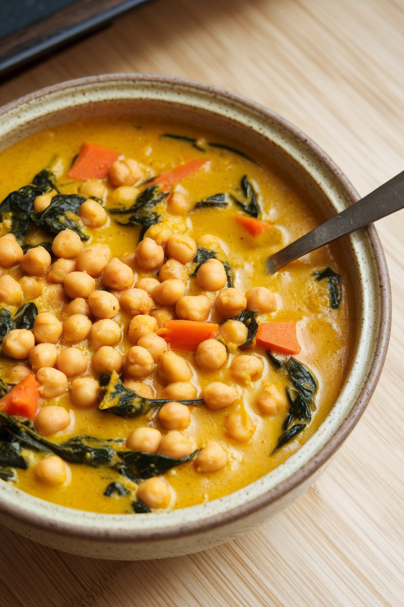 Indoor photo of a yellow-hued chickpea stew with visible spinach, carrots, and turmeric, served in a ceramic bowl with a spoon. No logos or text.