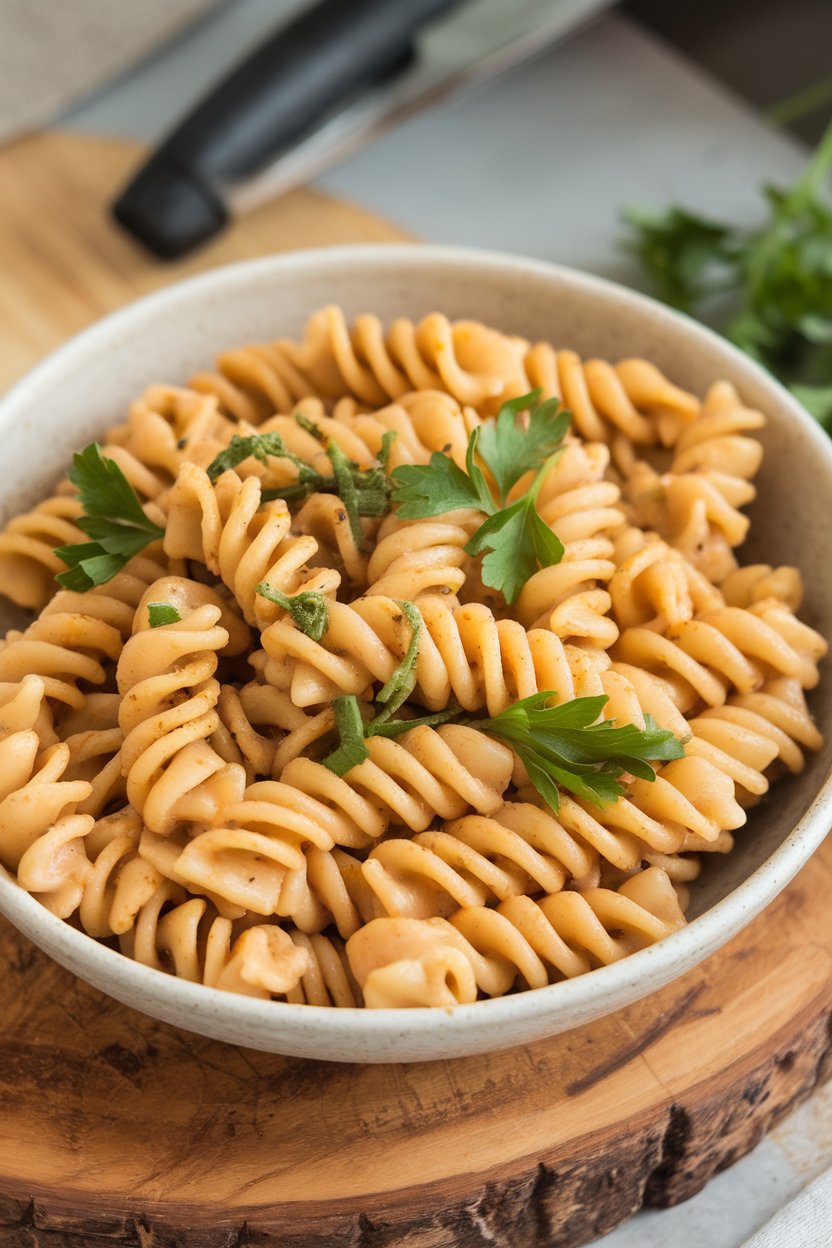 An indoor pasta bowl featuring chickpea rotini coated in light lemon garlic sauce, parsley sprinkled across. No branding or text. Photo.