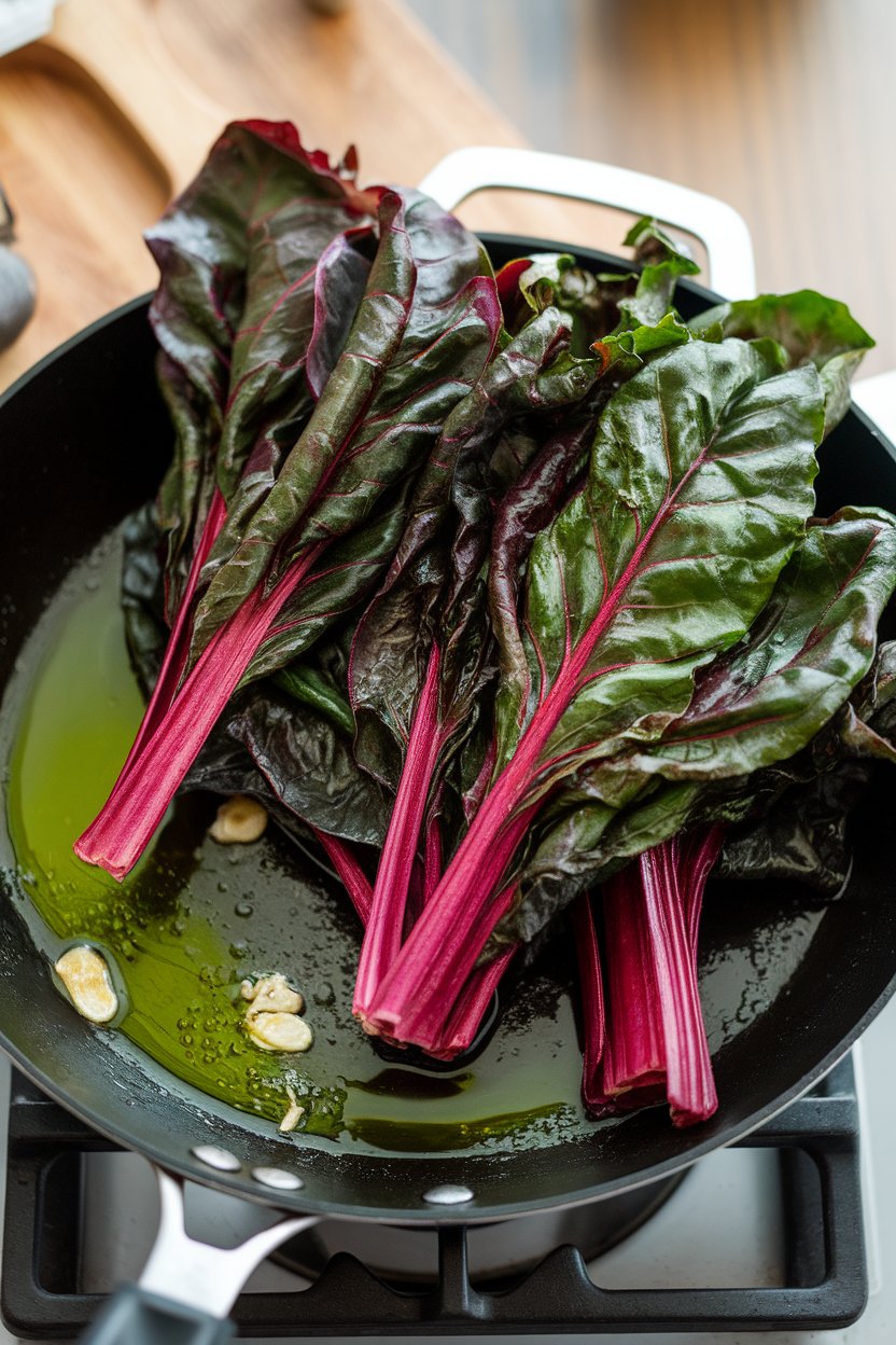 Indoor stovetop skillet filled with vibrant Swiss chard leaves and stems glistening in olive oil, flecks of garlic visible. No text or logos; photo.