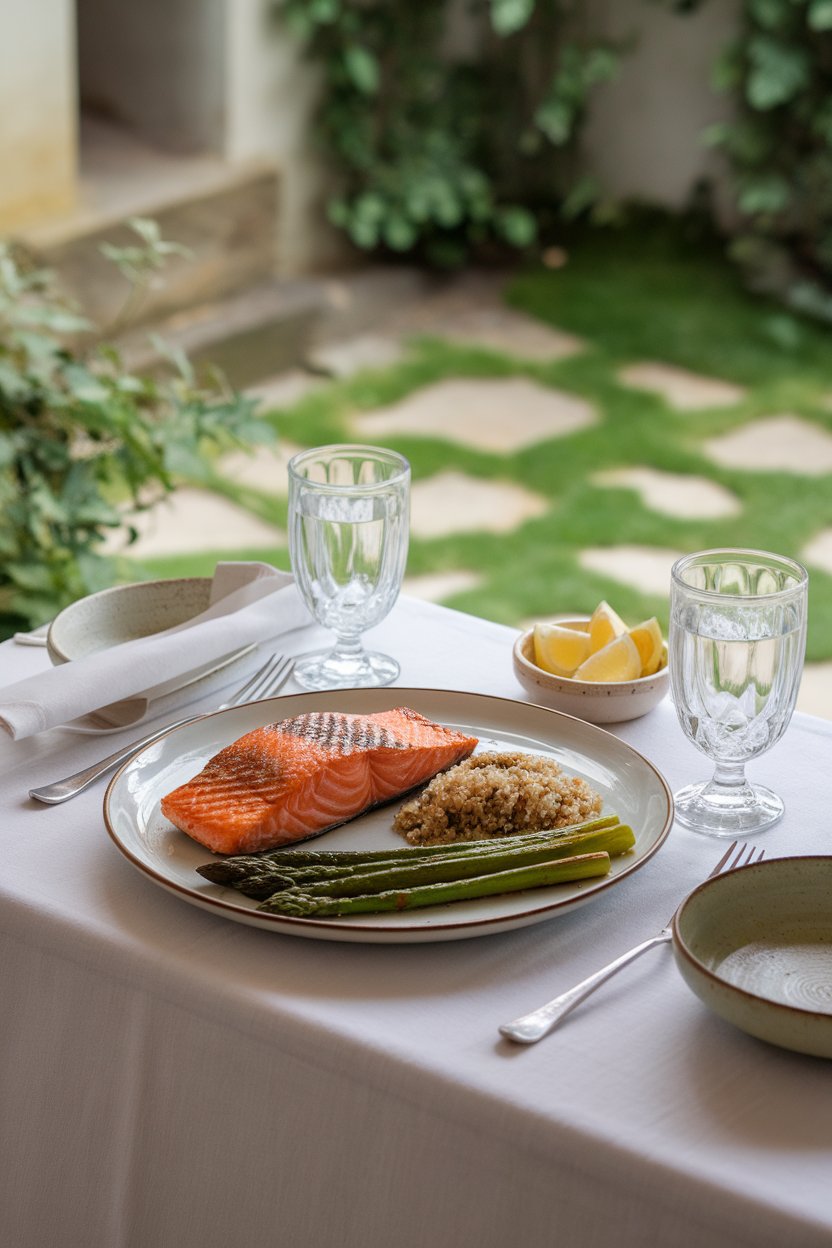 An indoor intimate dining table for two with grilled salmon, quinoa, and roasted asparagus plated; no logos. Photo.