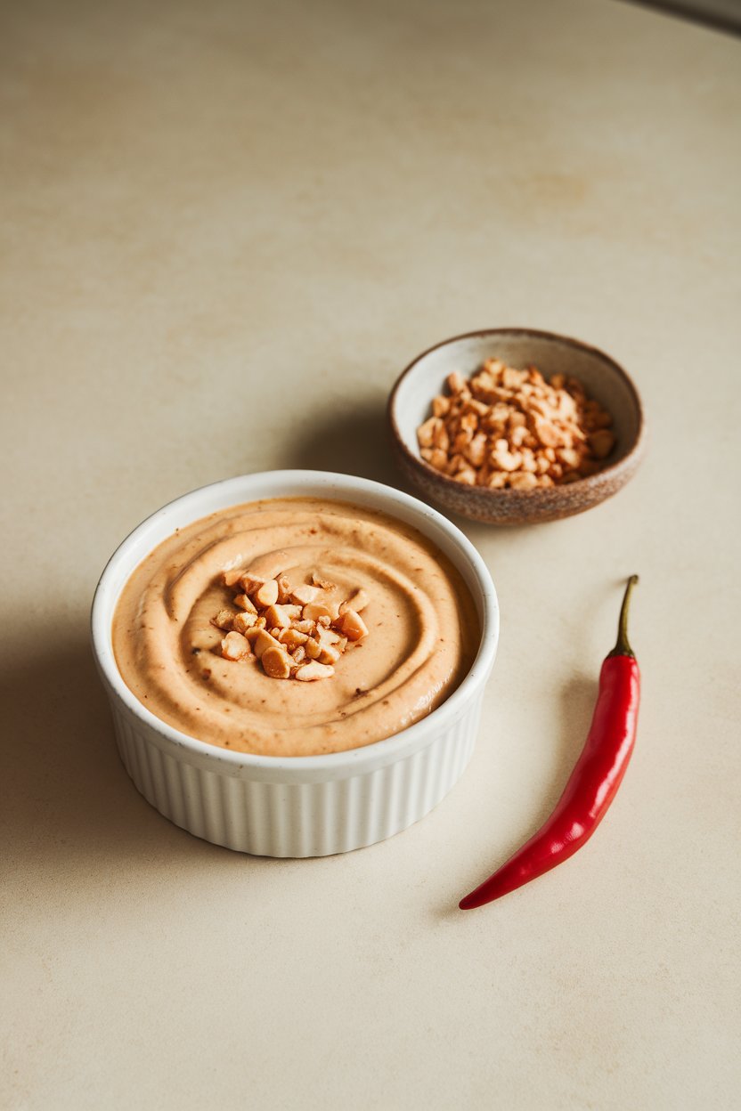 Indoor countertop showing a ramekin of creamy spicy peanut dressing with crushed peanuts and a chili pepper on the side. Photo, not illustration. No text or logos.