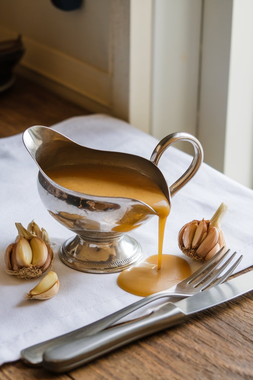 A small gravy boat on a kitchen table pouring golden gravy, roasted garlic cloves nearby; no text or logos, photo only