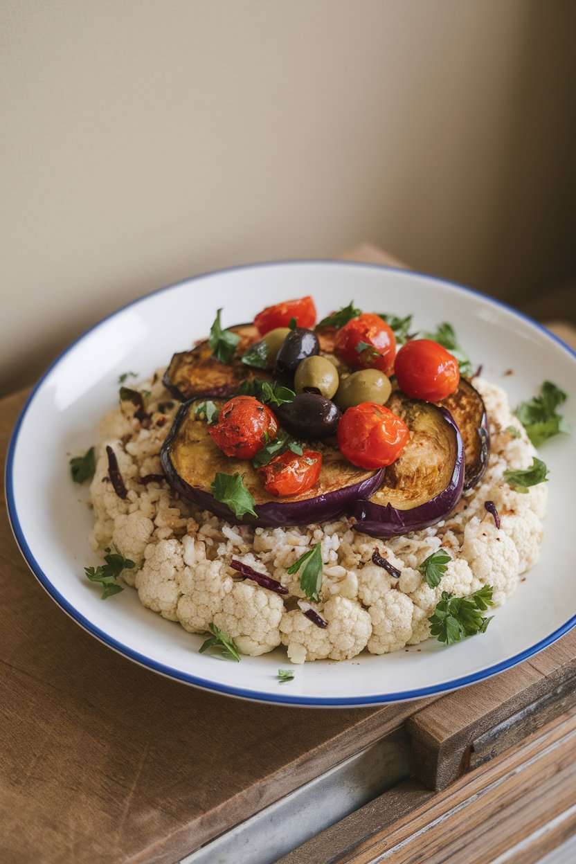 Indoor image of cauliflower rice topped with roasted eggplant, cherry tomatoes, olives, and parsley. No text or logos.