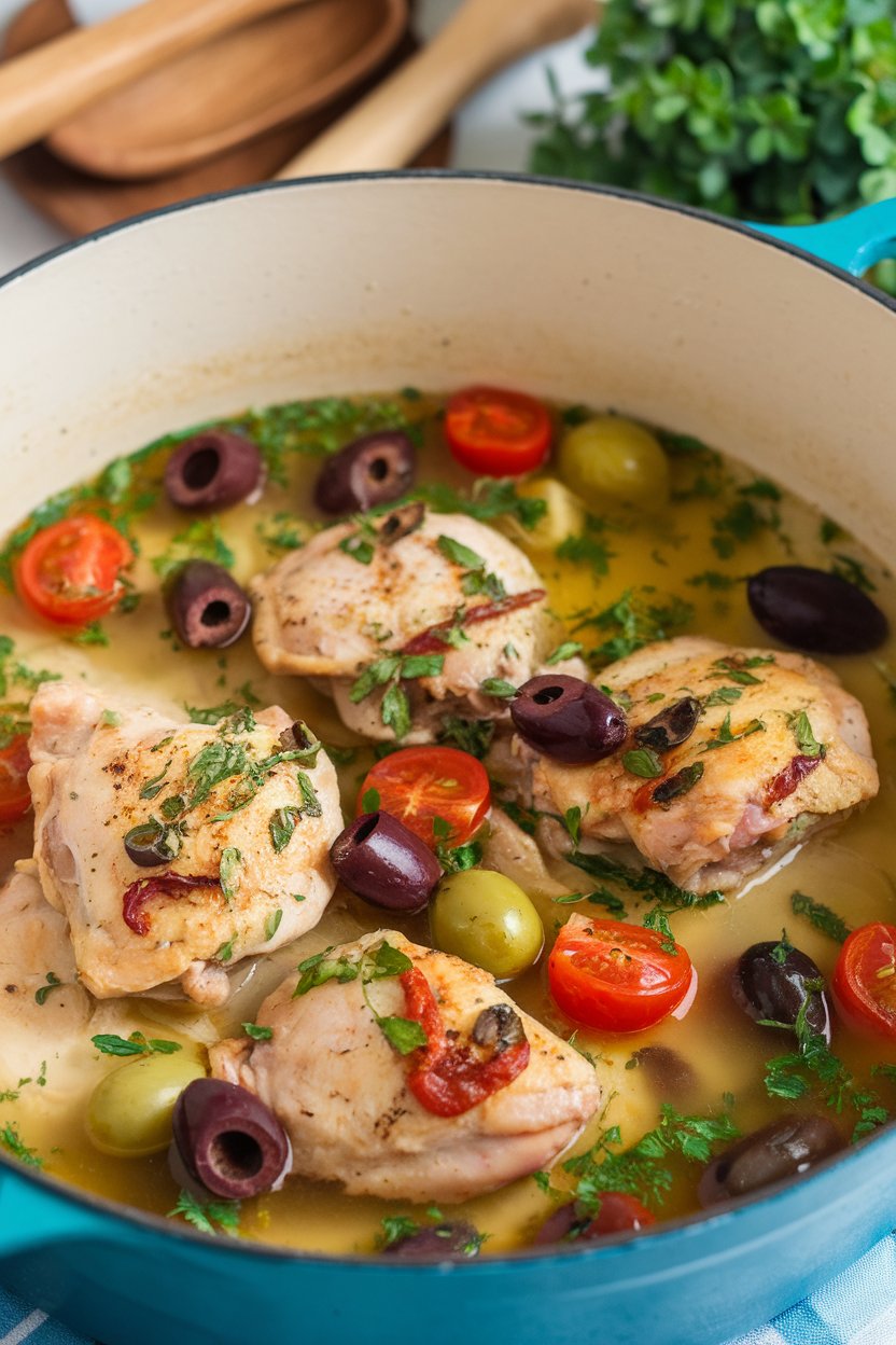 Indoor photo of a Dutch oven filled with cooked chicken thighs, olives, cherry tomatoes, and herbs in a light broth; no text or logos.
