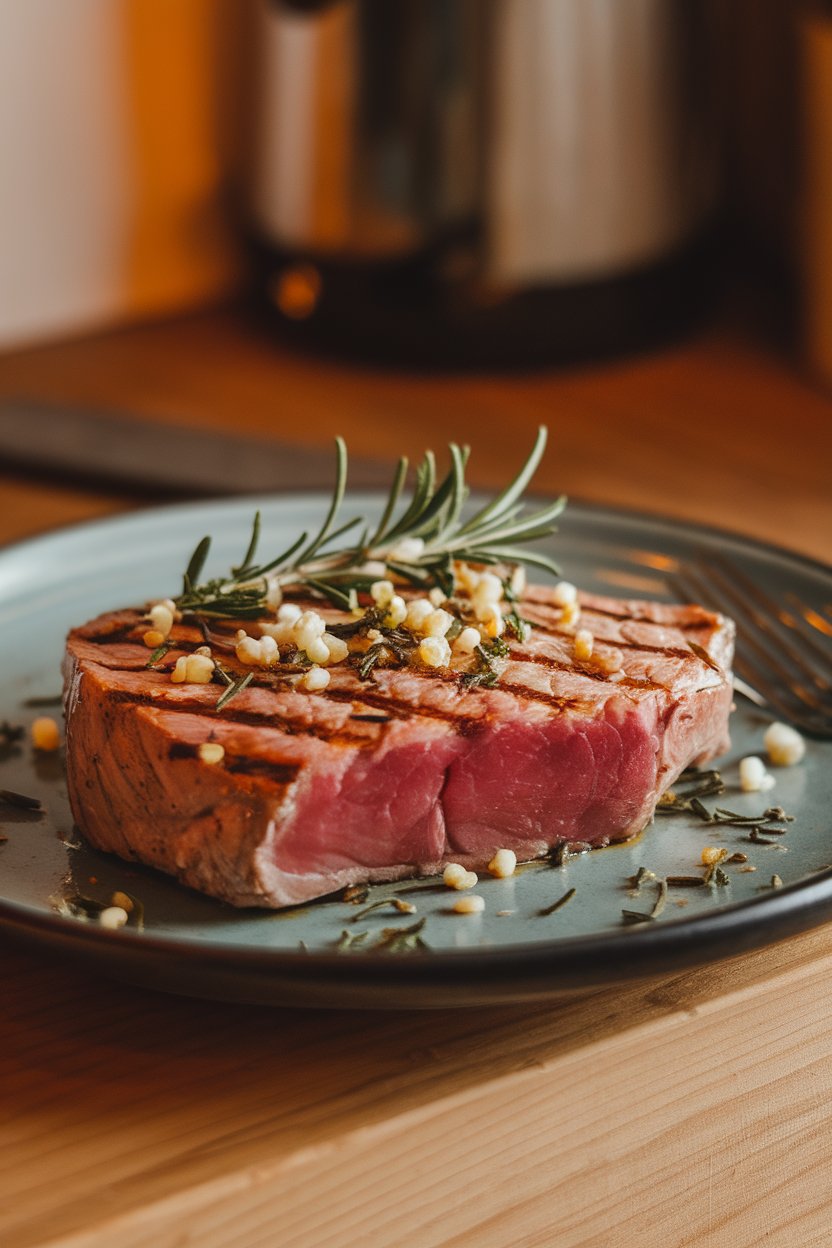 Plate with grill-marked tuna steak topped with minced rosemary and garlic, indoor lighting, no branding.