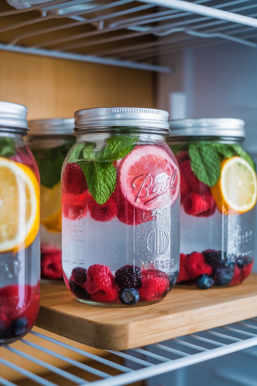 An indoor refrigerator shelf holding mason jars of chilled water infused with berries, mint, and citrus slices, condensation visible on the glass. No text or logos visible.