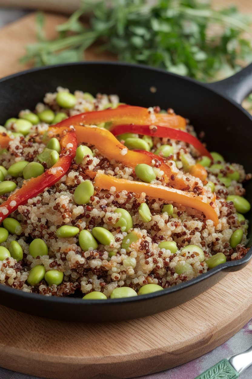 Photo of an indoor skillet containing cooked quinoa mixed with shelled edamame, bell pepper strips, and soy glaze; no text or logos